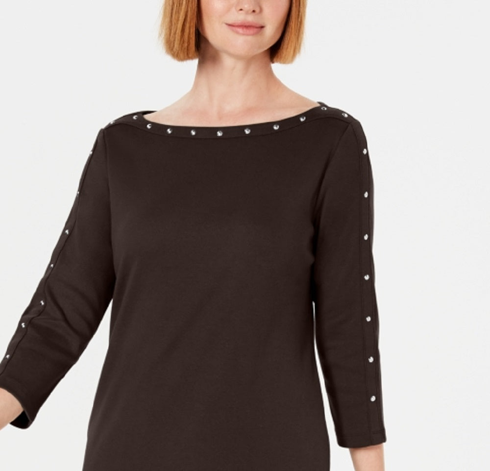 Vestido esportivo feminino Karen Scott de algodão com tachas e manga 3/4, marrom, tamanho XS