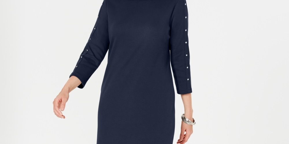 Vestido esportivo feminino Karen Scott de algodão com tachas e manga 3/4, azul, tamanho pequeno