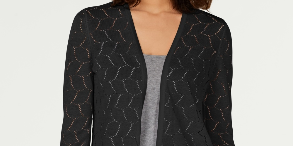 Cardigan feminino Charter Club Petite Pointelle Completer, preto, tamanho pequeno