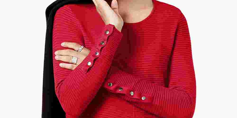 Alfani Suéter feminino pequeno com detalhes canelados e botões de pressão, vermelho, tamanho P