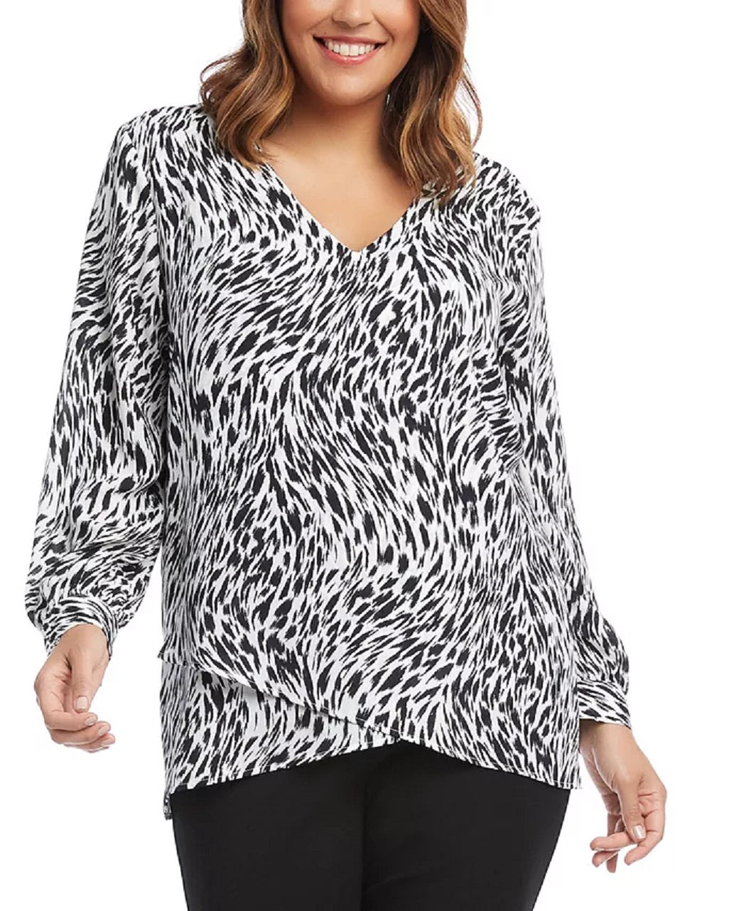 Karen Kane Blusa feminina com estampa de zebra e decote em V, branca, tamanho 0X