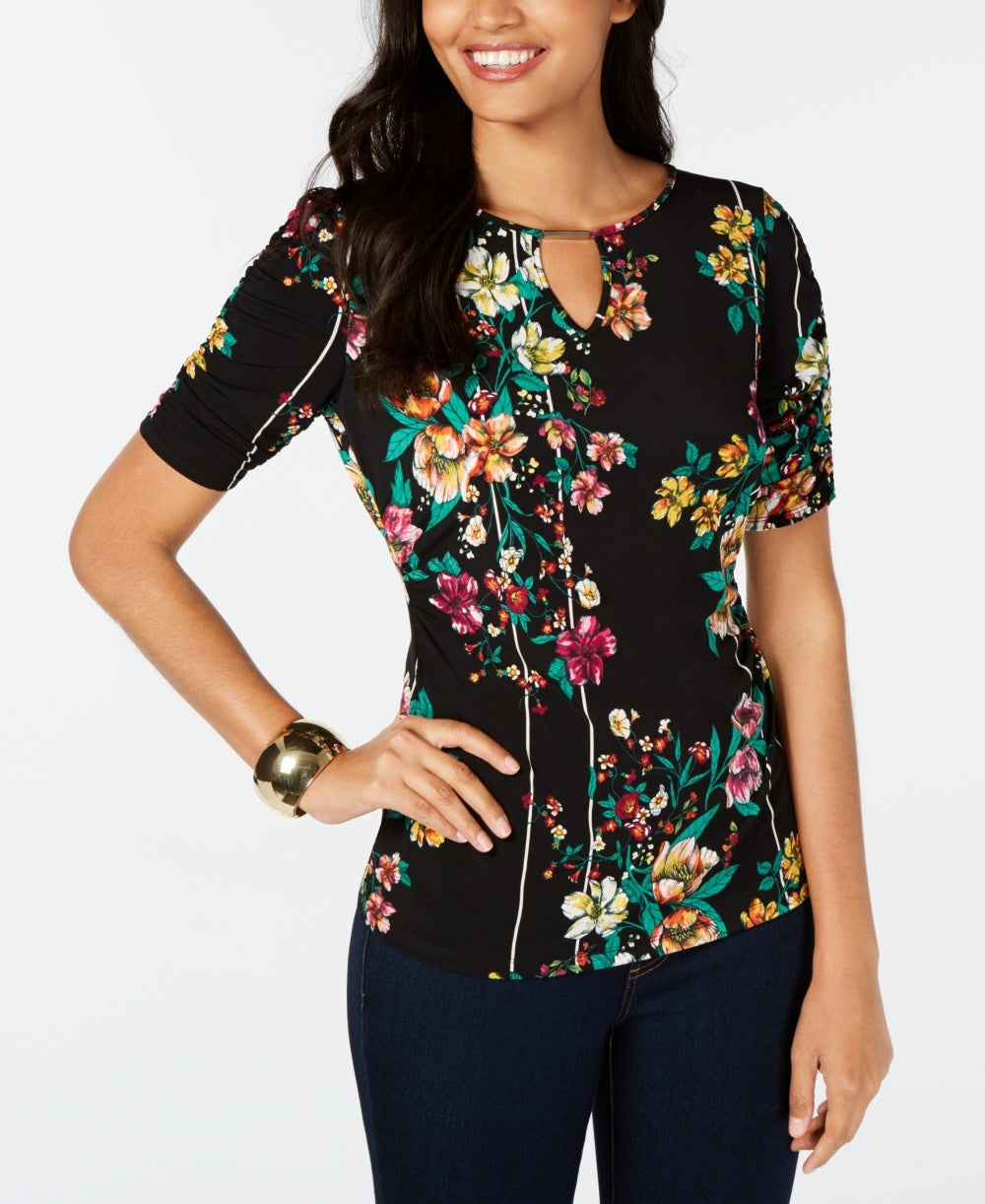 Thalia Sodi Top Feminino Estampado Manga Cotovelo Buraco Preto Tamanho XX-G