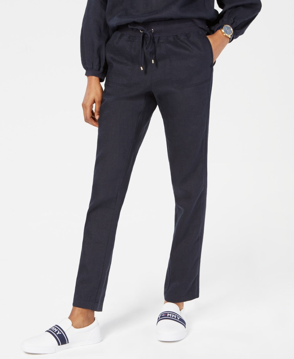 Calça jogger feminina Tommy Hilfiger de linho azul, tamanho 8