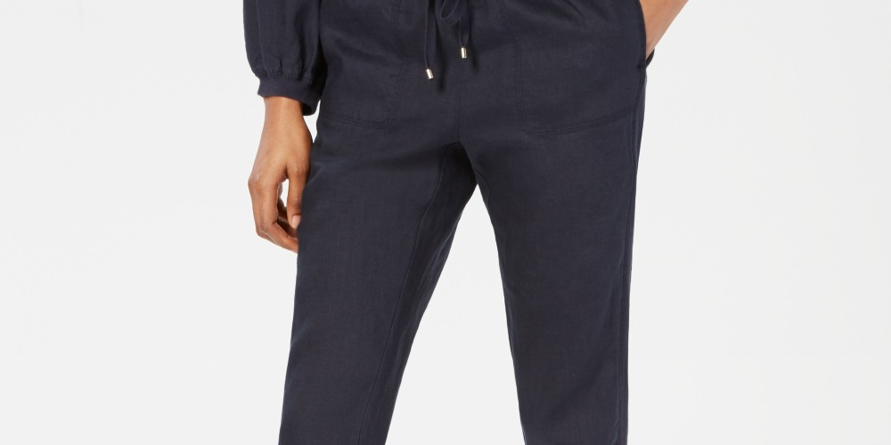 Calça jogger feminina Tommy Hilfiger de linho azul, tamanho 8