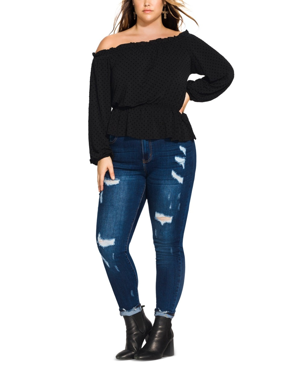 Top feminino City Chic Trendy Plus com ombros de fora, preto, tamanho 18W