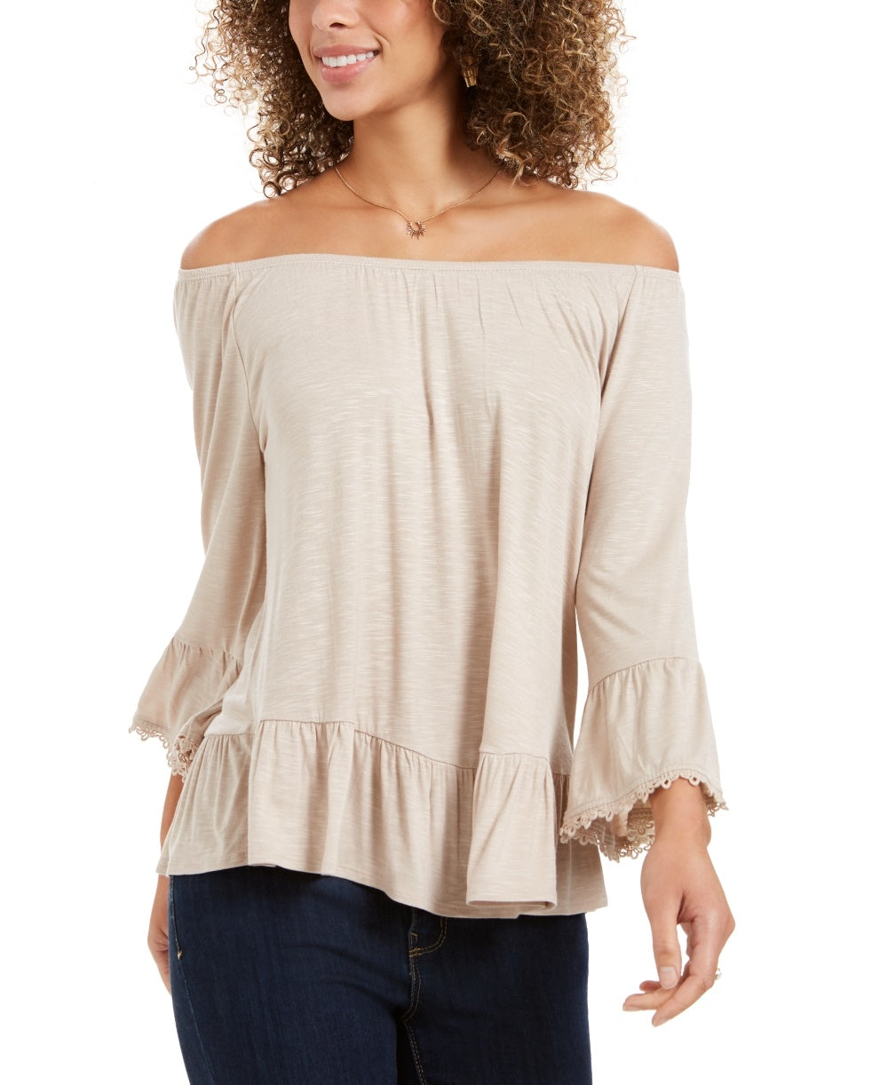Blusa feminina estilo &amp; co, ombro de fora, manga sino, bege, tamanho grande