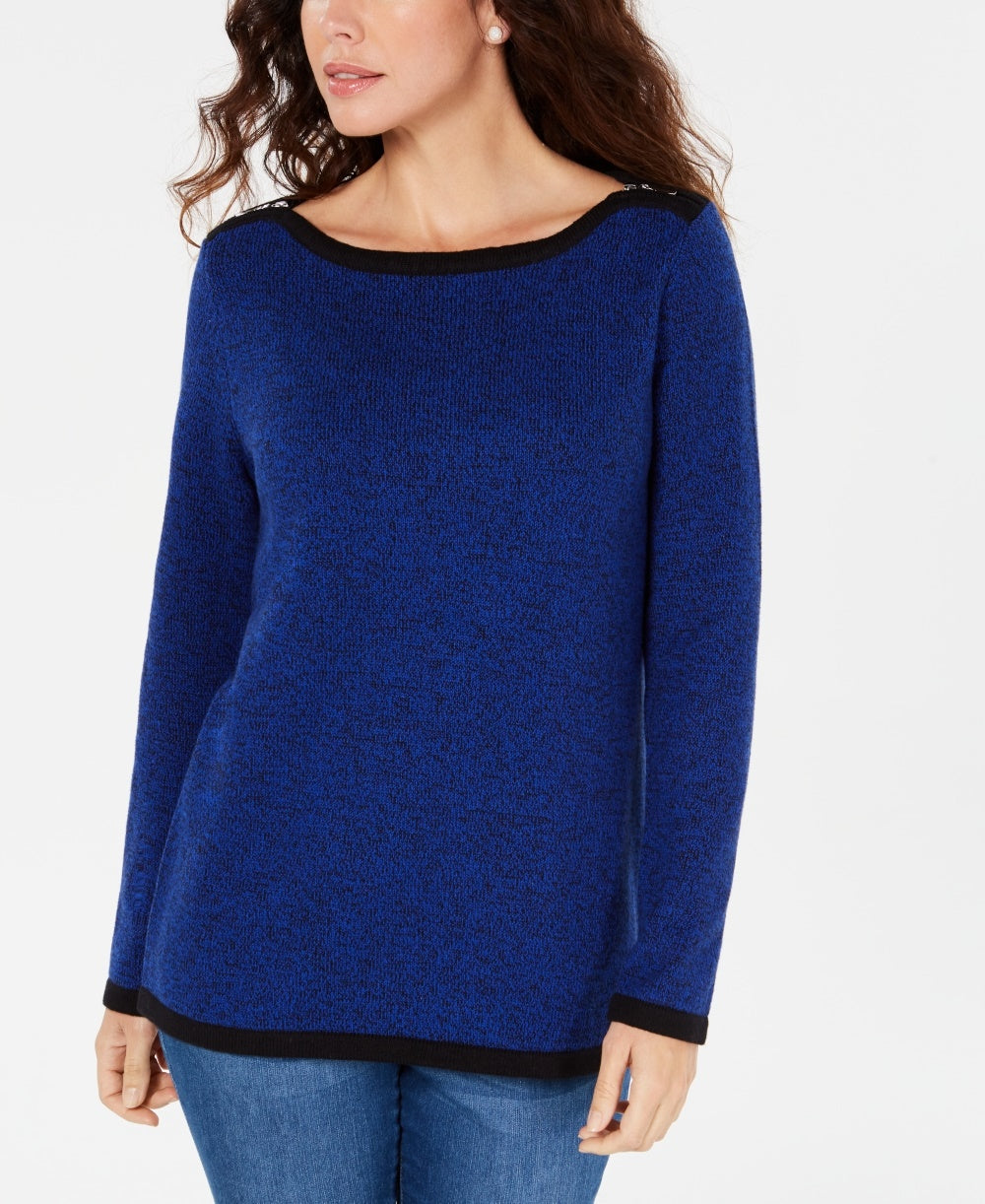 Karen Scott Suéter Feminino de Algodão com Acabamento Contrastado Azul Tamanho X-G