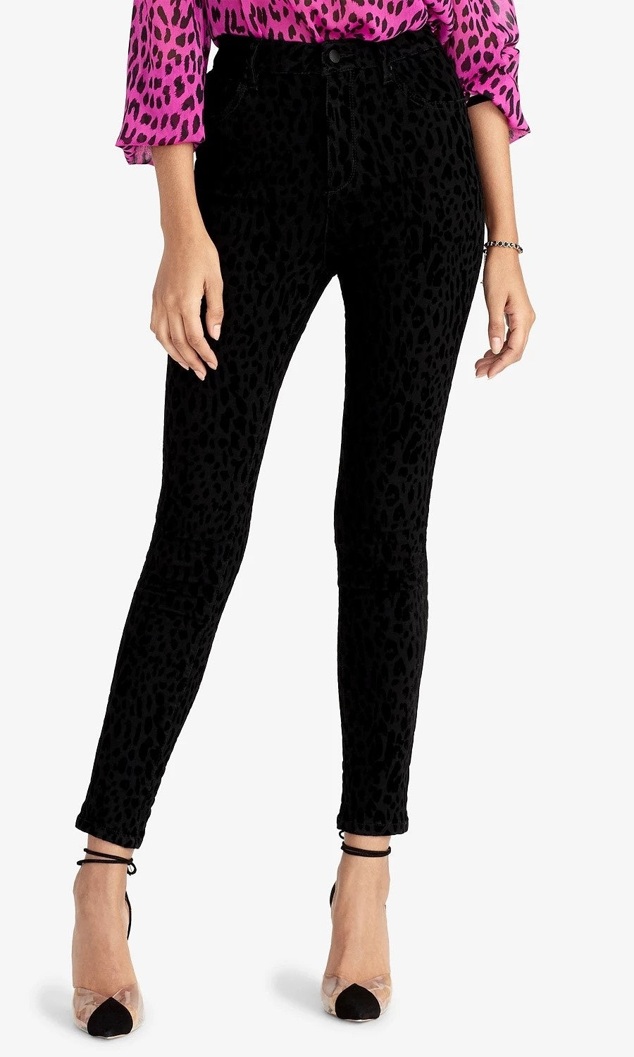 Calça jeans feminina Rachel Roy com estampa animal, cintura alta, preta, tamanho 29