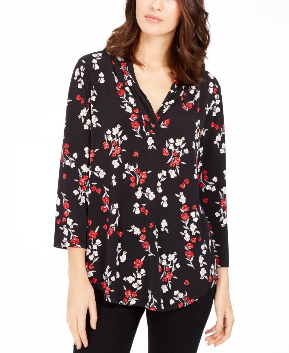 Top feminino estampado com decote em V, preto, tamanho X-S