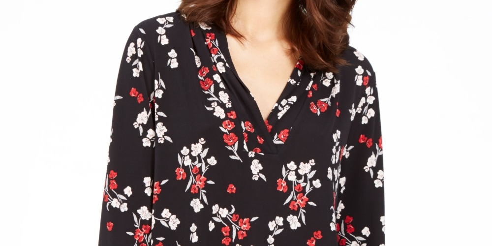Top feminino estampado com decote em V, preto, tamanho X-S
