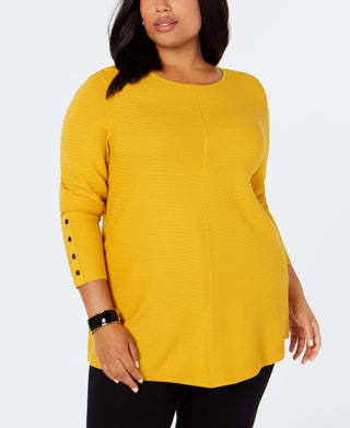 Suéter Alfani Plus Size Feminino com Detalhe de Botão e Canelado Amarelo Tamanho 3X