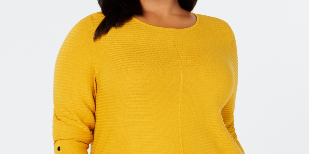 Suéter Alfani Plus Size Feminino com Detalhe de Botão e Canelado Amarelo Tamanho 3X