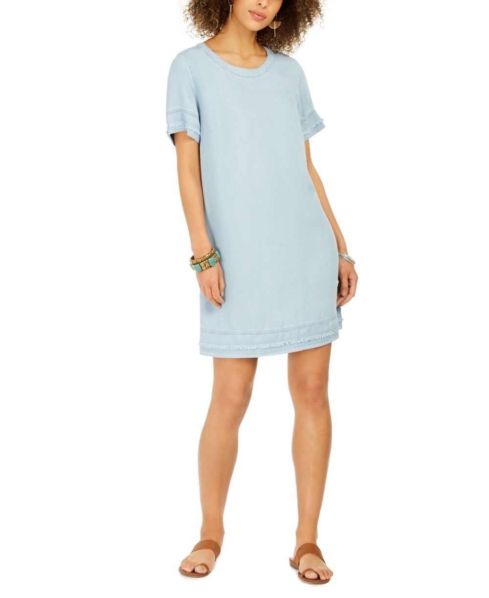 Vestido camiseta jeans com franjas estilo &amp; co feminino azul tamanho pequeno