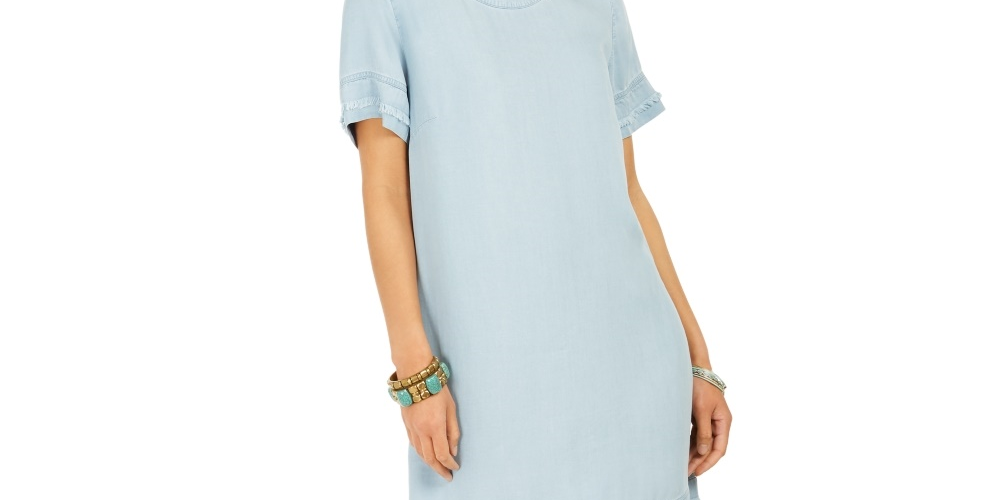 Vestido camiseta jeans com franjas estilo &amp; co feminino azul tamanho pequeno