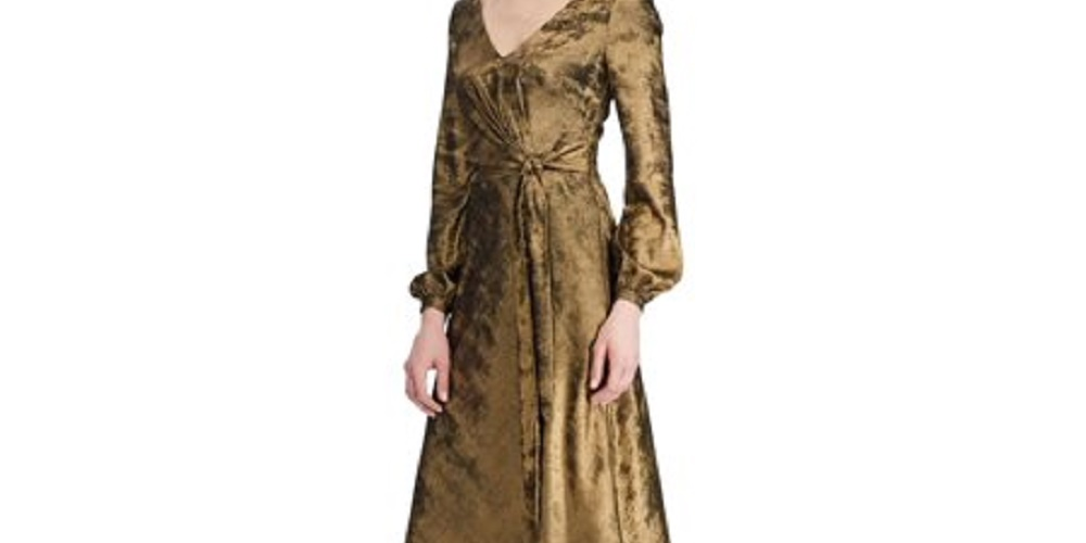Vestido envelope Ralph Lauren feminino dourado, manga longa, comprimento chá, tamanho 16