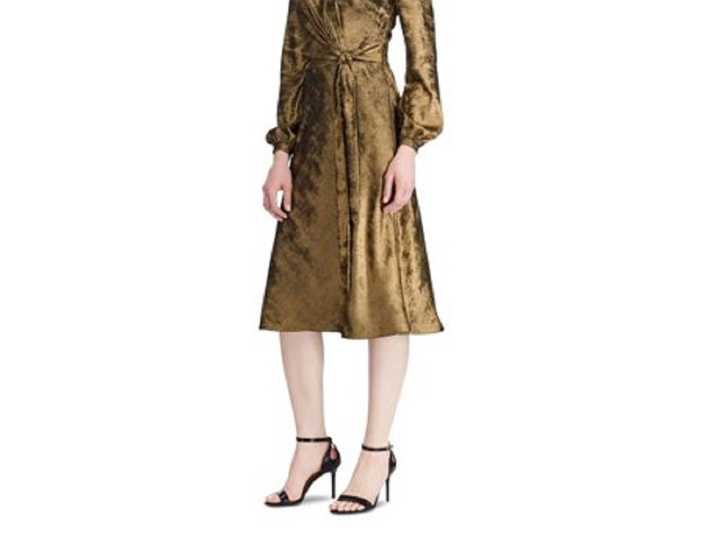 Vestido envelope Ralph Lauren feminino dourado, manga longa, comprimento chá, tamanho 16
