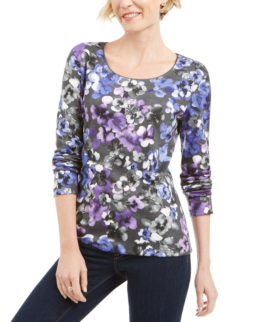 Karen Scott Blusa feminina estampada com decote redondo, cinza, tamanho X-S