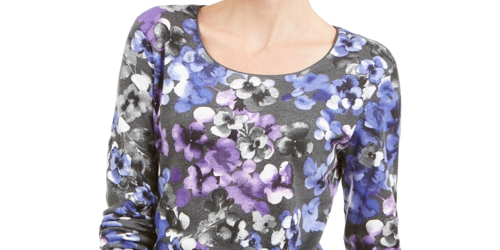 Karen Scott Blusa feminina estampada com decote redondo, cinza, tamanho X-S