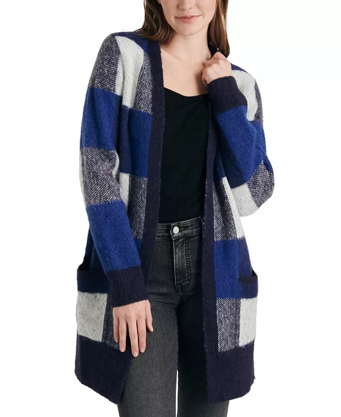 Cardigan feminino Lucky Brand com estampa xadrez e mistura de lã, azul, tamanho XS