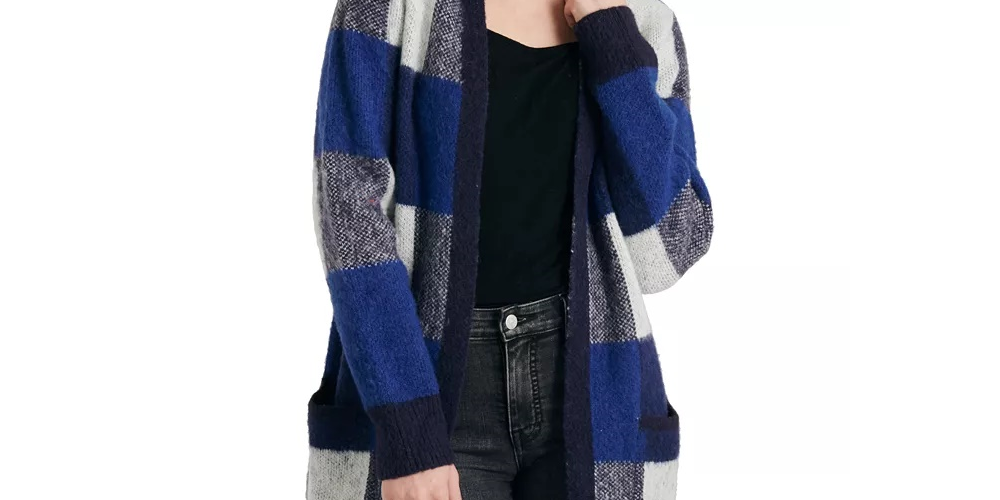 Cardigan feminino Lucky Brand com estampa xadrez e mistura de lã, azul, tamanho XS