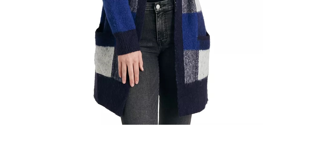 Cardigan feminino Lucky Brand com estampa xadrez e mistura de lã, azul, tamanho XS