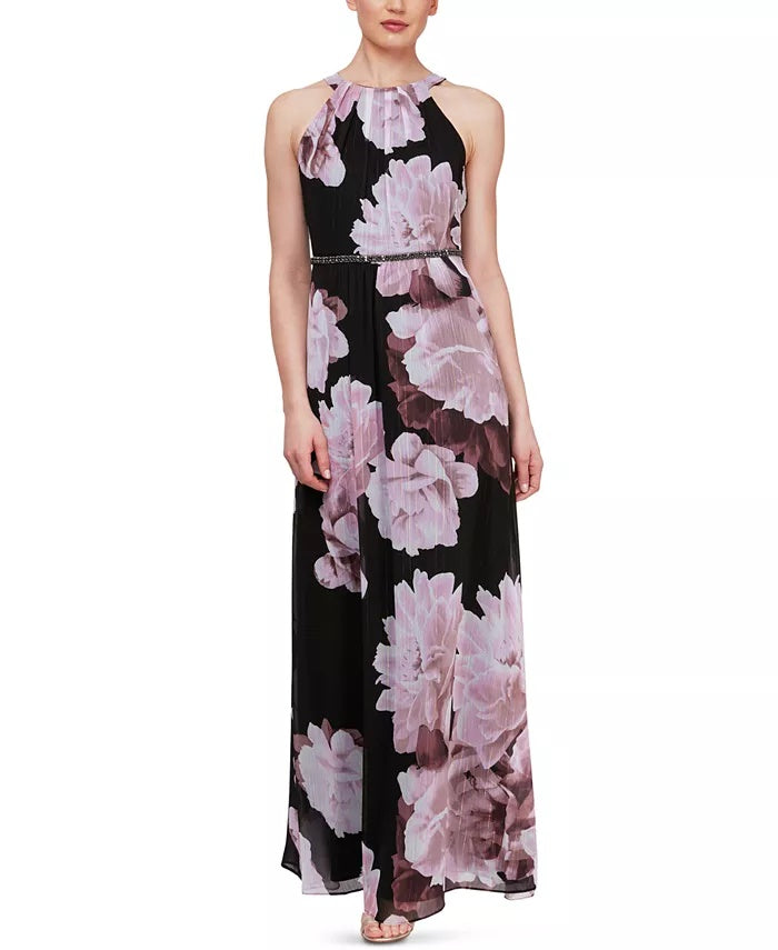Vestido formal feminino Slny, preto, com cinto, strass, floral, sem mangas, estilo halter, maxi fit + flare, tamanho 16, médio, vermelho, tamanho 16