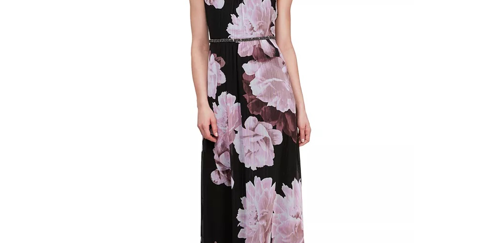 Vestido formal feminino Slny, preto, com cinto, strass, floral, sem mangas, estilo halter, maxi fit + flare, tamanho 16, médio, vermelho, tamanho 16