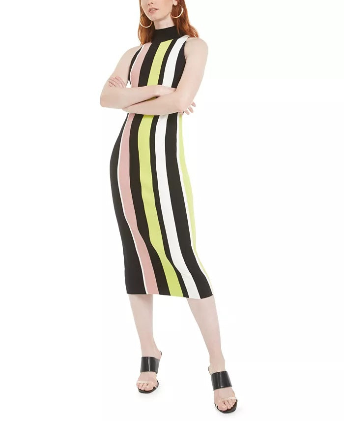 Vestido de festa feminino Bar III, sem mangas, com estampa de blocos de cores, gola alta abaixo do joelho, tamanho médio, preto