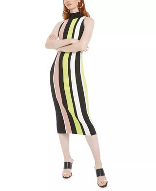 Vestido de festa feminino Bar III, sem mangas, com estampa de blocos de cores, gola alta abaixo do joelho, tamanho médio, preto