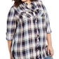 Camisa utilitária xadrez plus size estilo &amp; co azul marinho tamanho 0X