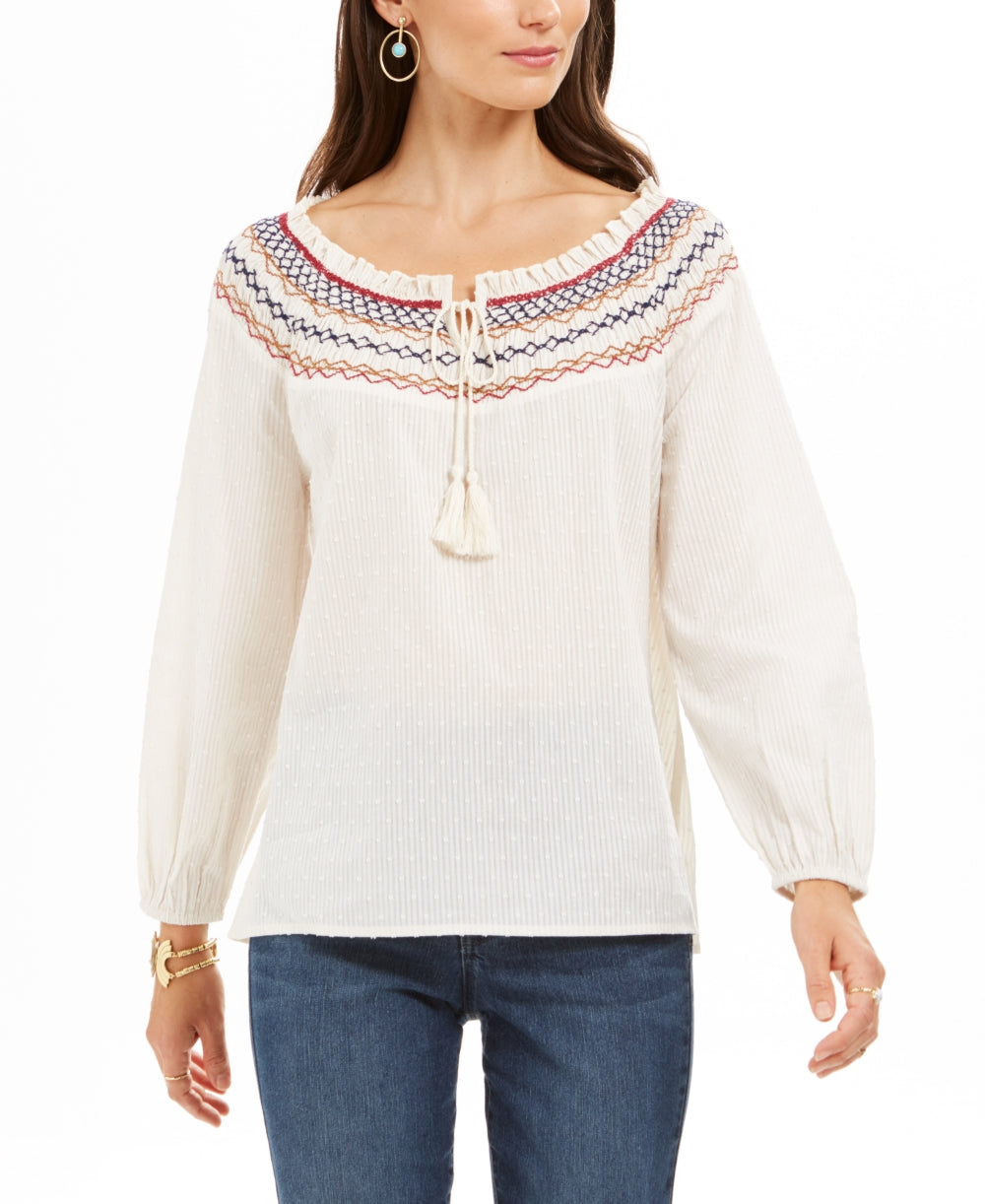 Blusa de algodão com decote smock bordado Petite Style &amp; Co, branca, tamanho PXL
