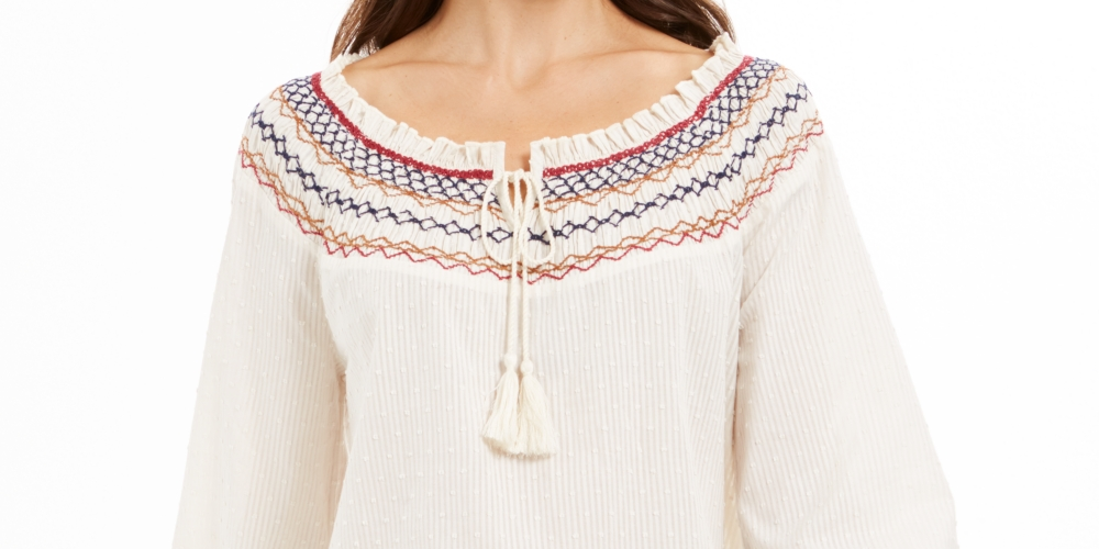 Blusa de algodão com decote smock bordado Petite Style &amp; Co, branca, tamanho PXL
