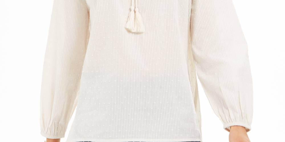 Blusa de algodão com decote smock bordado Petite Style &amp; Co, branca, tamanho PXL