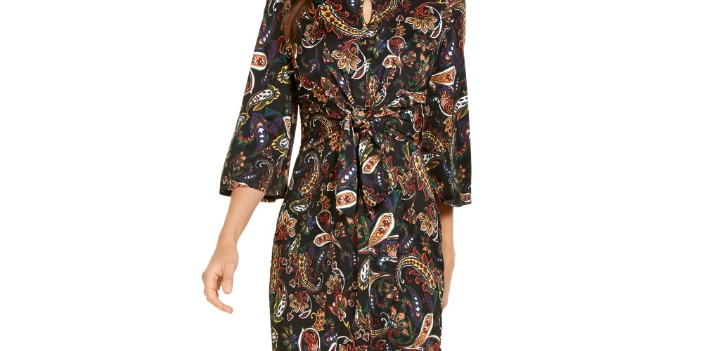 Vestido envelope falso estampado feminino NY Collection, preto, tamanho pequeno, extragrande