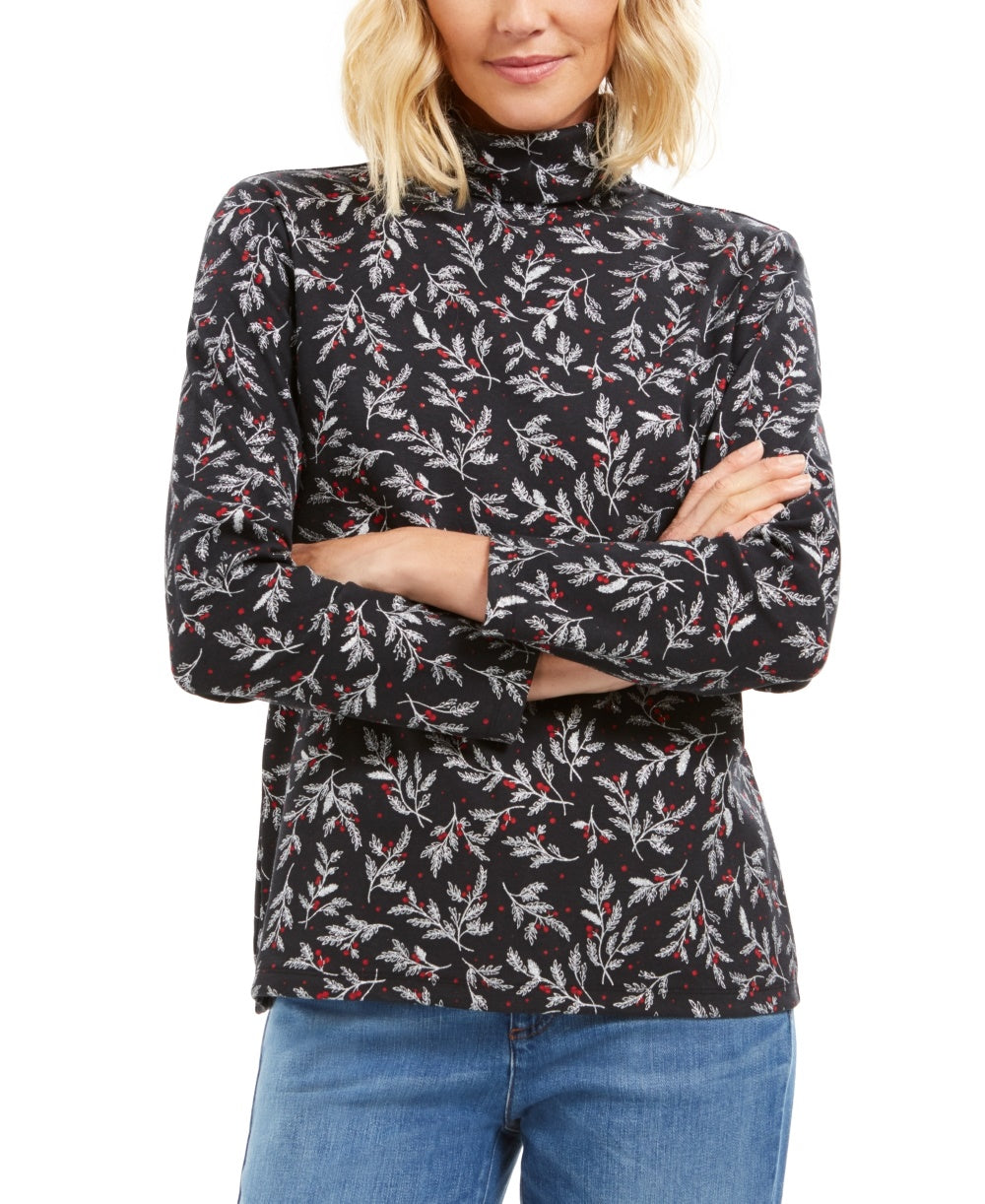 Blusa feminina Karen Scott com estampa de gola alta, preta, tamanho extragrande
