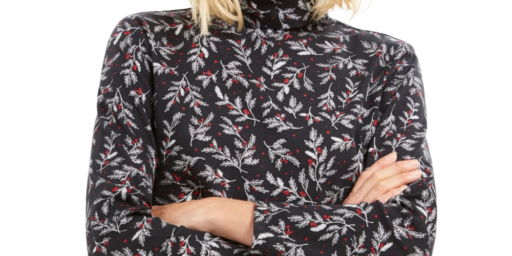 Blusa feminina Karen Scott com estampa de gola alta, preta, tamanho extragrande