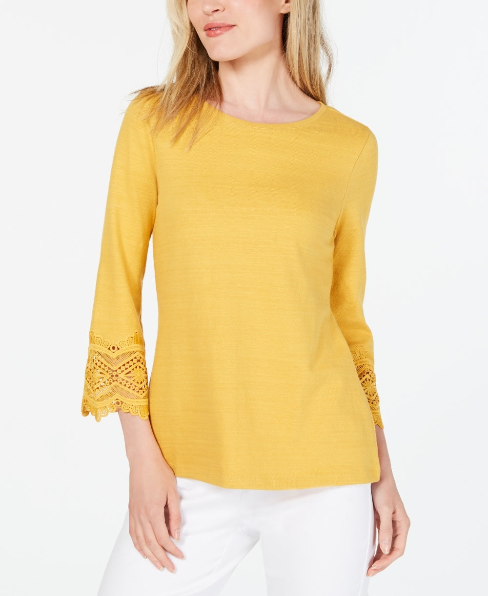 Top feminino Charter Club Petite de algodão com acabamento em renda, tamanho dourado, pequeno, extragrande
