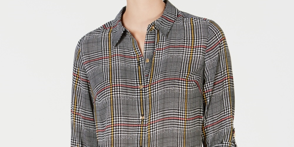 Charter Club Blusa feminina com estampa frontal de botões e mangas bufantes, preta, tamanho pequeno, extragrande
