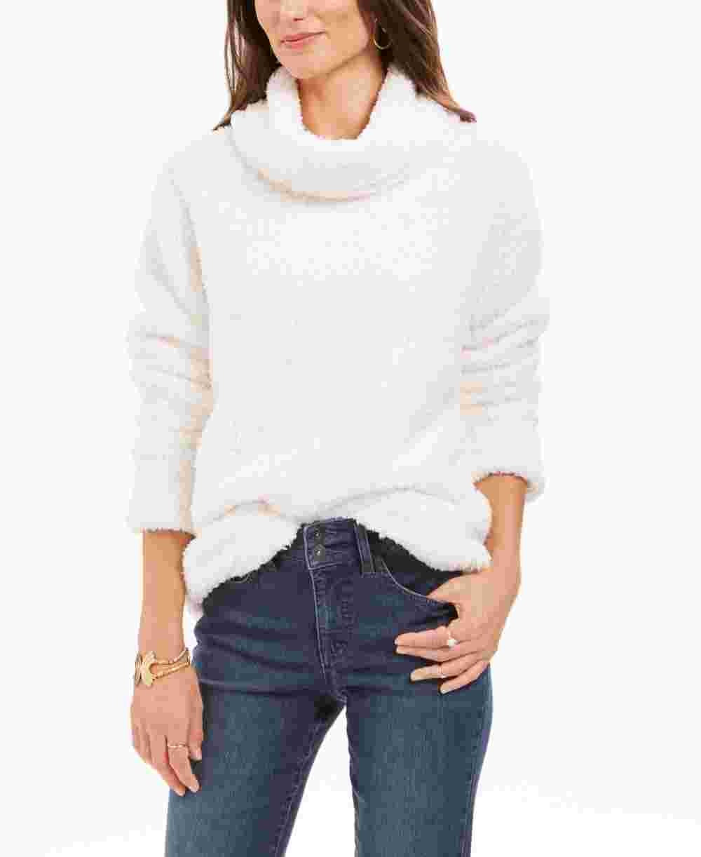 Suéter feminino estilo &amp; co, gola alta, imitação de sherpa, tamanho pequeno, branco, tamanho grande