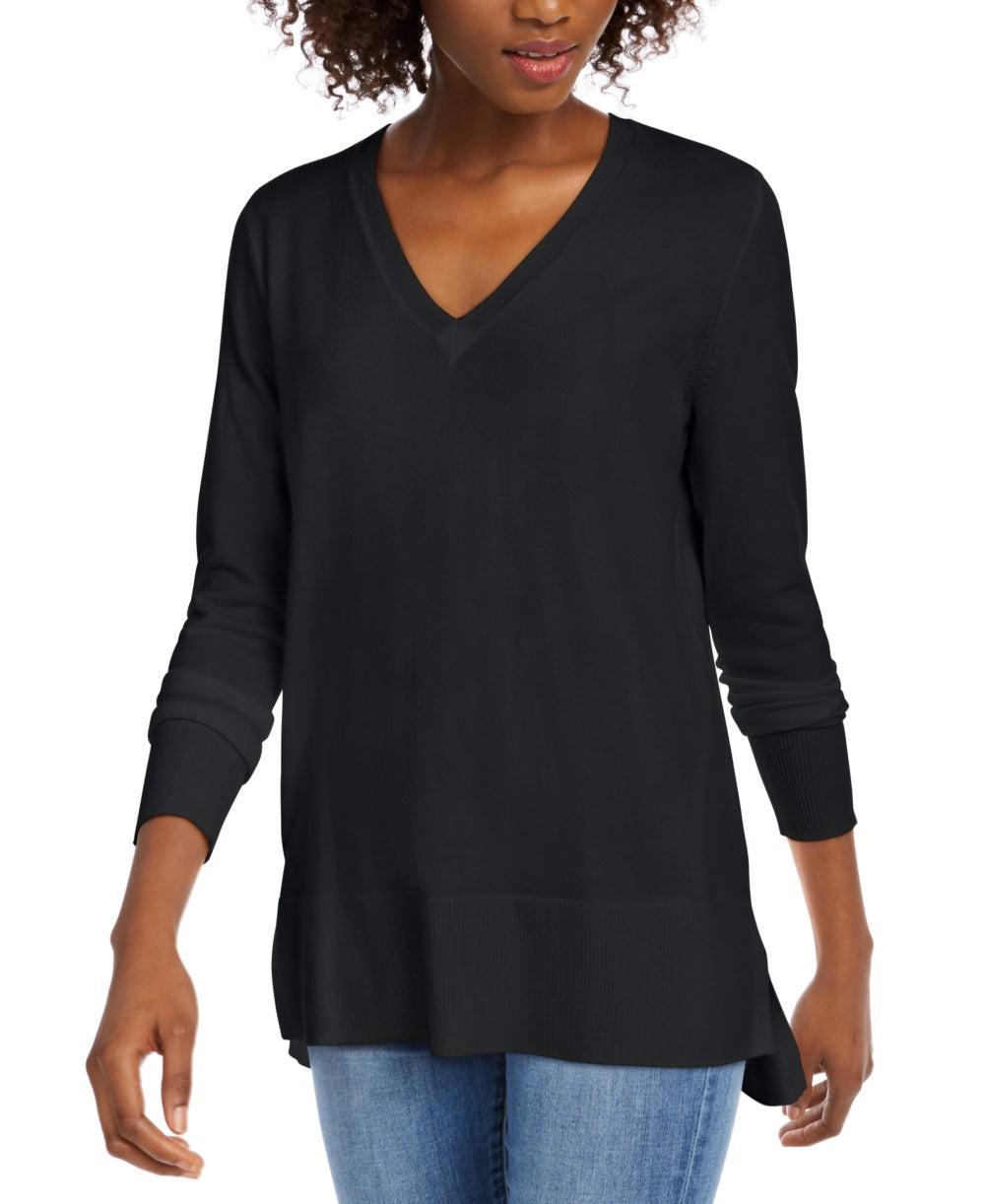 Suéter feminino Maison Jules com decote em V, preto, tamanho médio