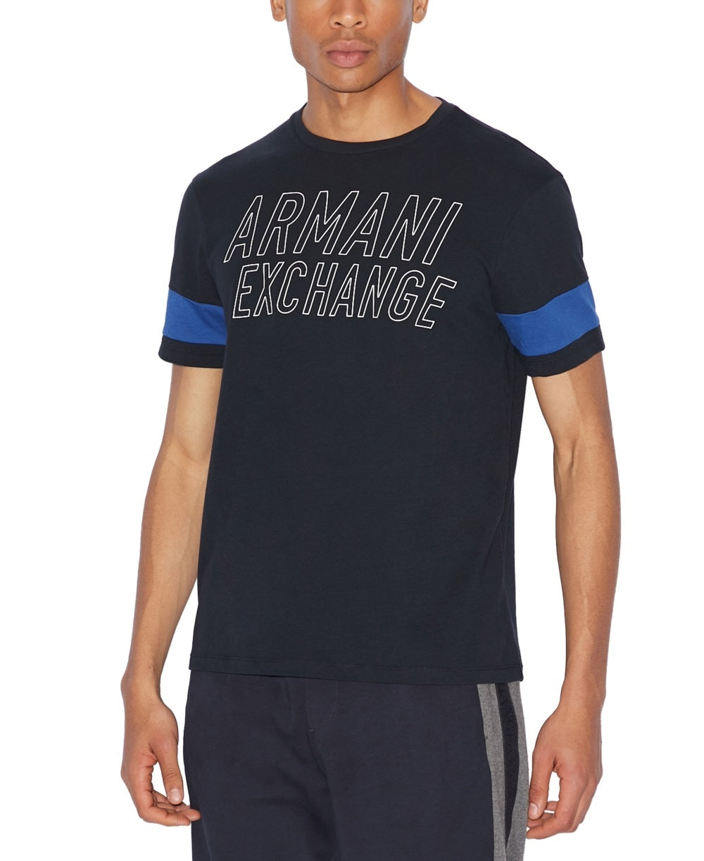 Camiseta masculina Ax Armani Exchange Varsity Stencil Ax Logo com manga listrada, azul, tamanho pequeno
