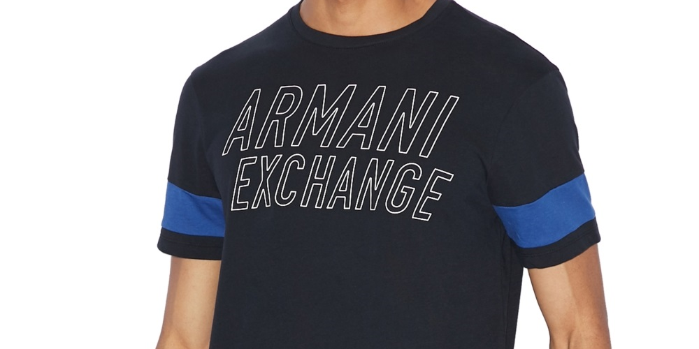 Camiseta masculina Ax Armani Exchange Varsity Stencil Ax Logo com manga listrada, azul, tamanho pequeno