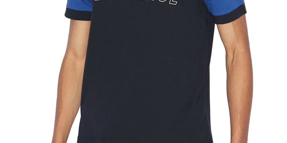 Camiseta masculina Ax Armani Exchange Varsity Stencil Ax Logo com manga listrada, azul, tamanho pequeno