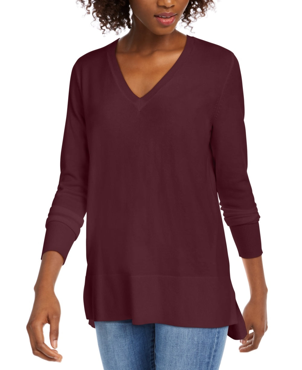 Suéter feminino Maison Jules com decote em V, vinho, tamanho pequeno