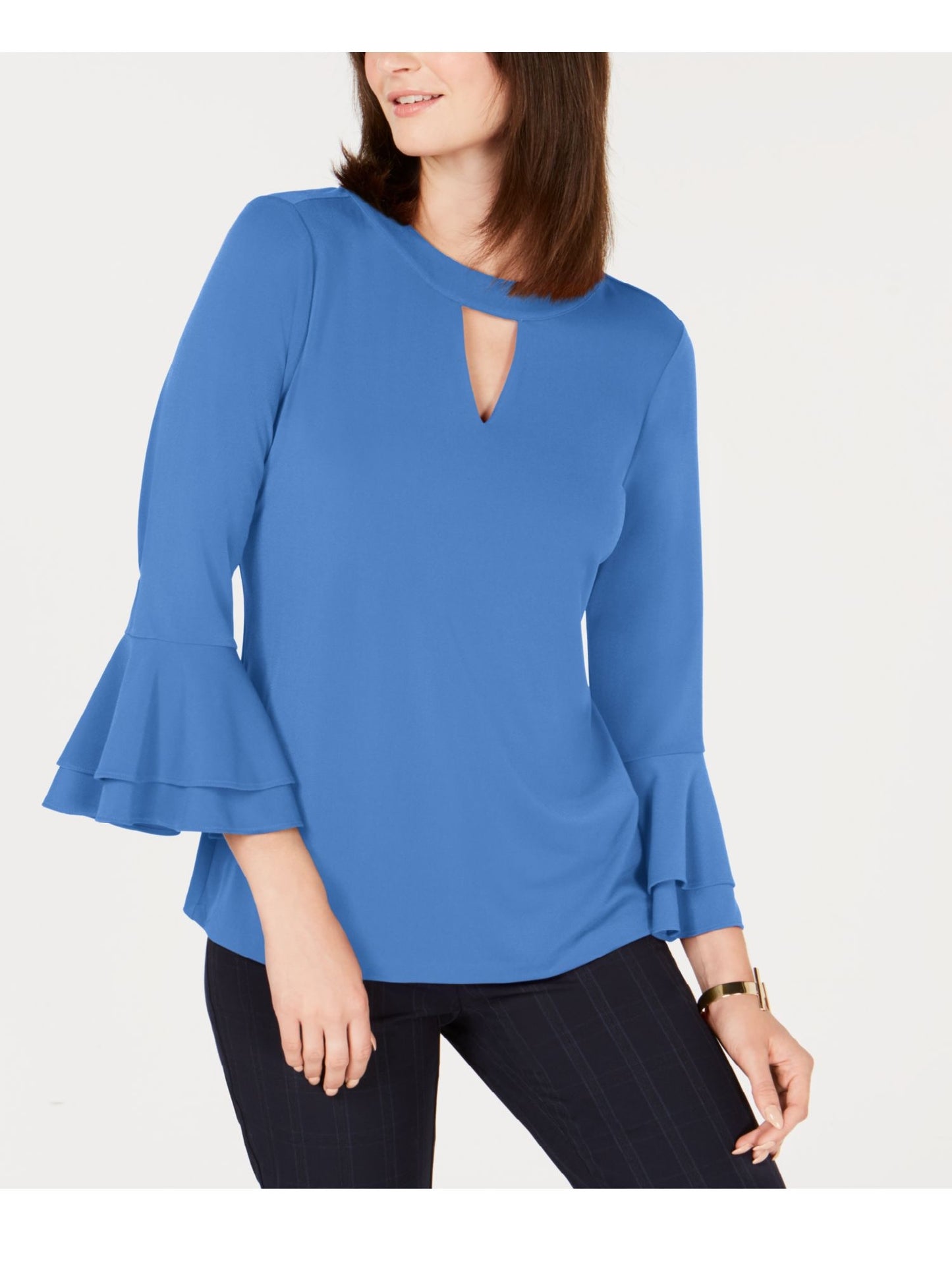Blusa feminina Charter Club com manga sino e decote em V, azul, tamanho P