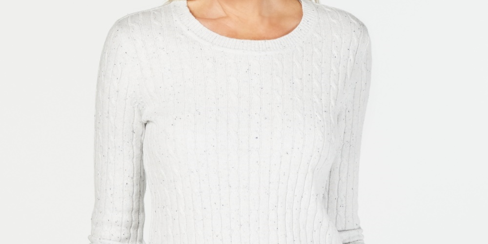 Karen Scott Suéter Feminino Petite Cable-Knit com Decote Redondo Branco Tamanho PL