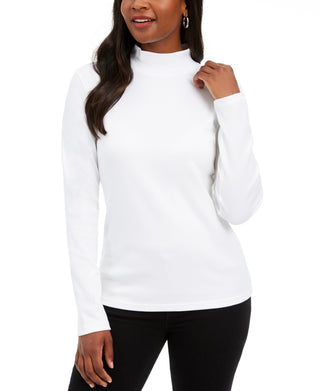 Karen Scott Blusa feminina pequena de algodão com gola alta e manga comprida, tamanho pequeno extragrande, branca