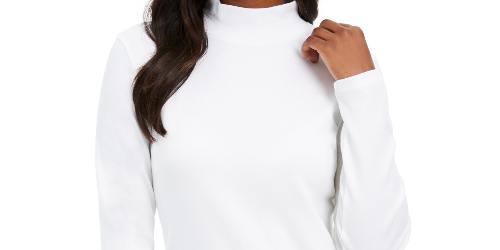 Karen Scott Blusa feminina pequena de algodão com gola alta e manga comprida, tamanho pequeno extragrande, branca