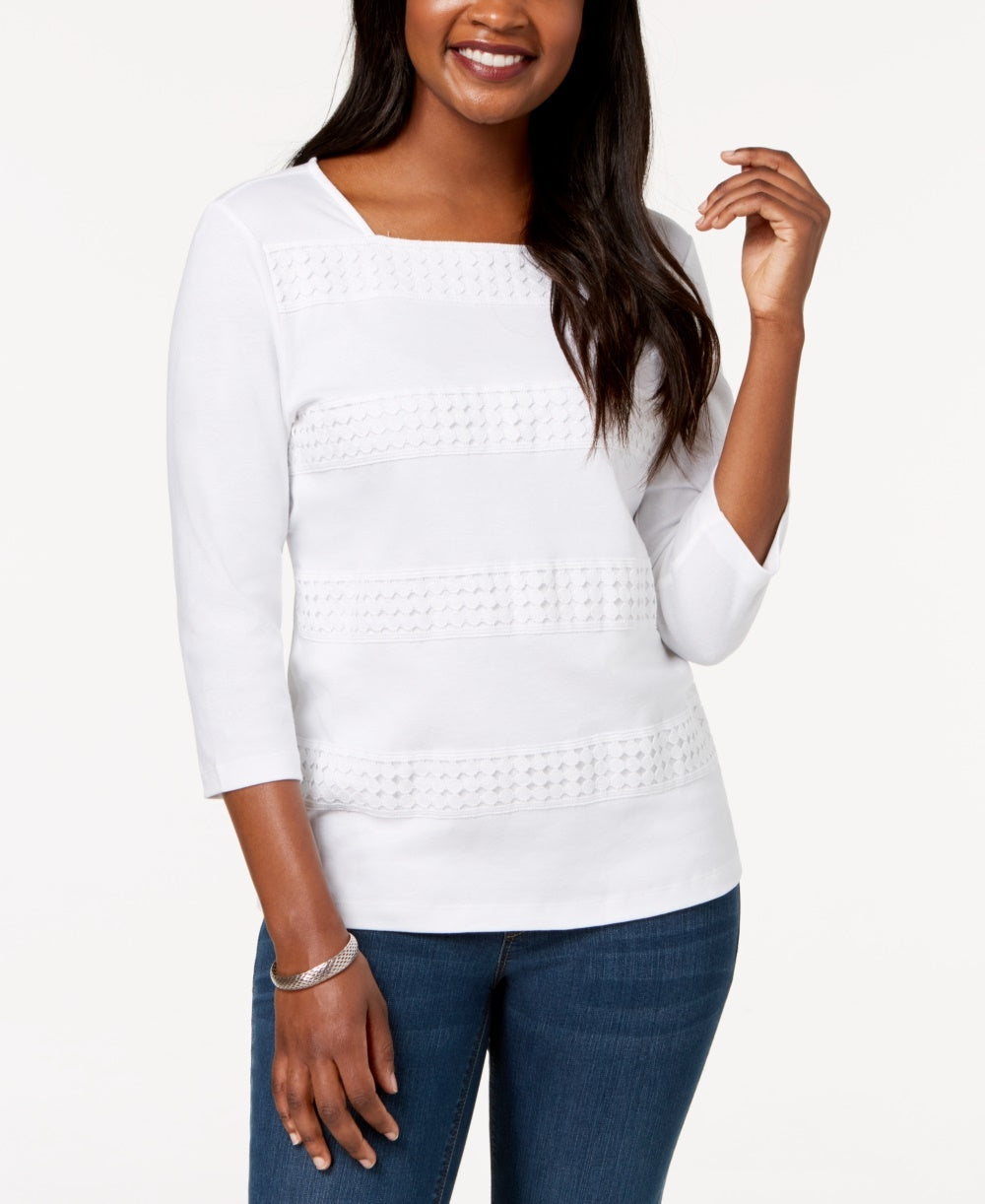 Karen Scott Blusa Feminina Listrada com Decote Quadrado e Renda, Branca, Tamanho Médio
