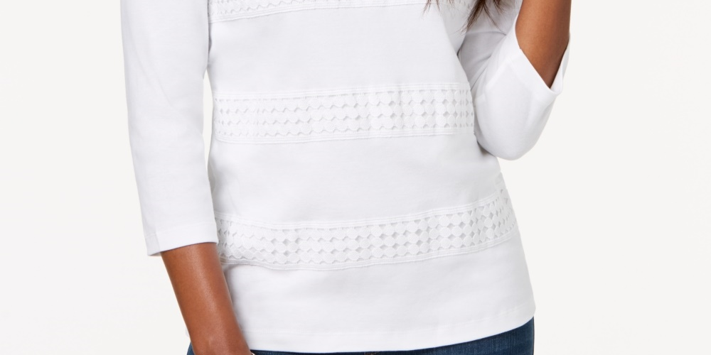 Karen Scott Blusa Feminina Listrada com Decote Quadrado e Renda, Branca, Tamanho Médio